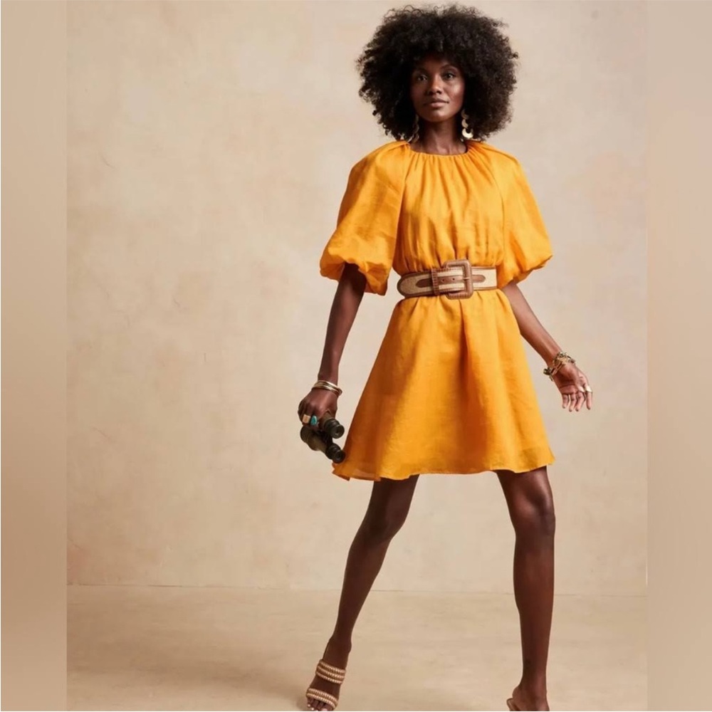 Banana Republic Yellow Ramie Puff Sleeve BacklessMini Dress Small Petite